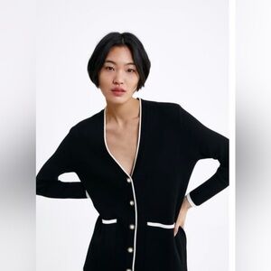 Zara Black Knit Long Cardigan with Pearl Buttons Size Medium